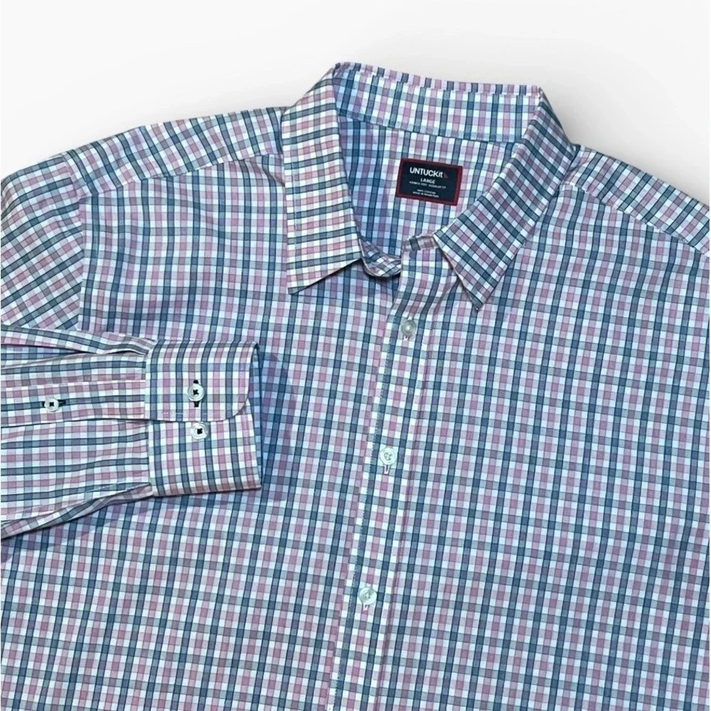 Untuckit Reg Fit Wrinkle Free Mens Large‎ Blue Pink Check Button Up Long Sleeve